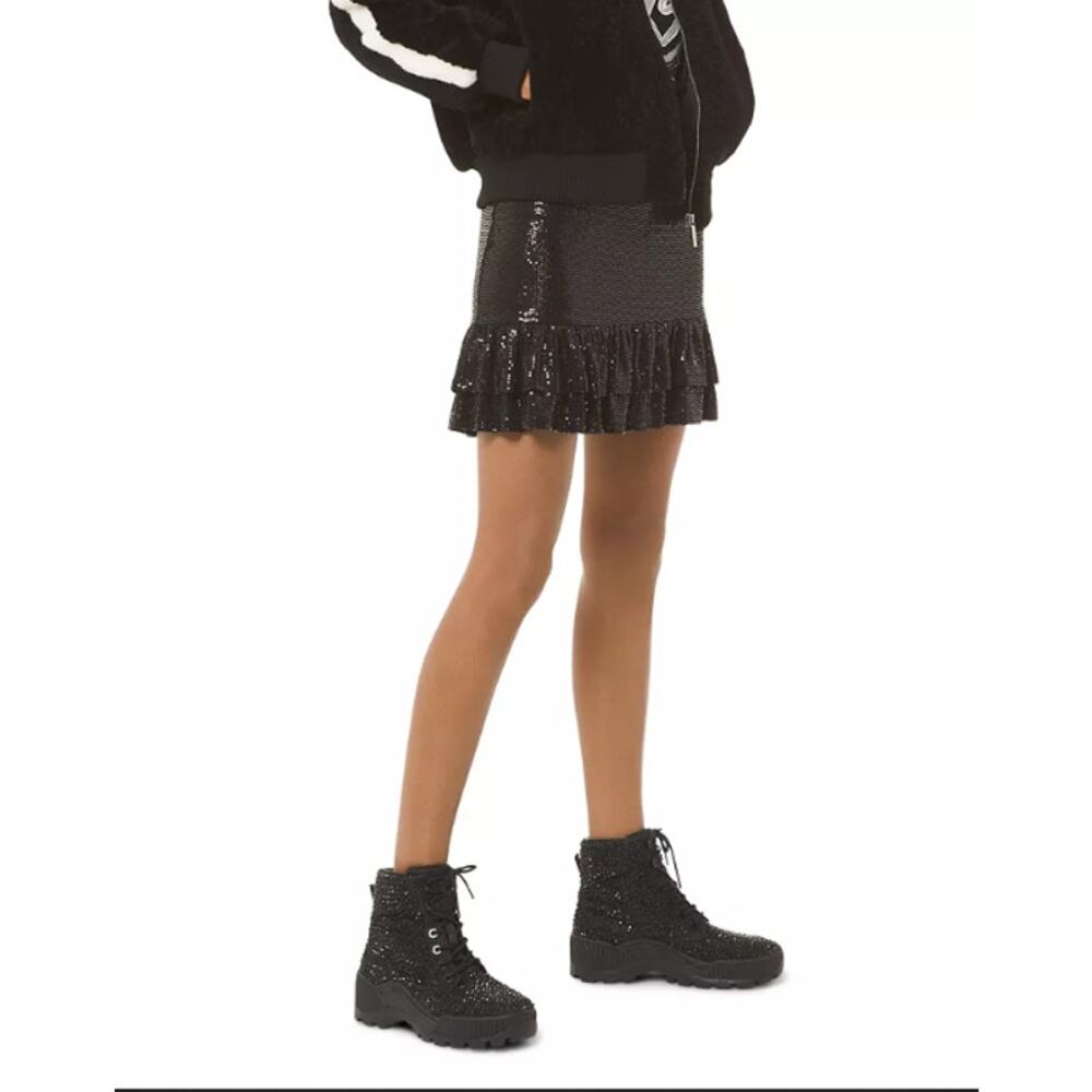 Michael Kors Metallic Dot Tiered Ruffle Mini Skirt S NWT Black Silver Party Glam